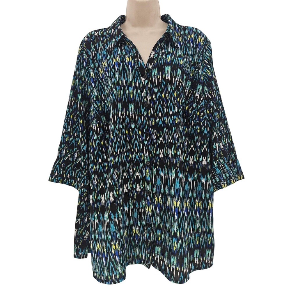 Catherines Top Women 1X 18/20W Blue Ikat Print Button Up Preppy‎ Work Dressy